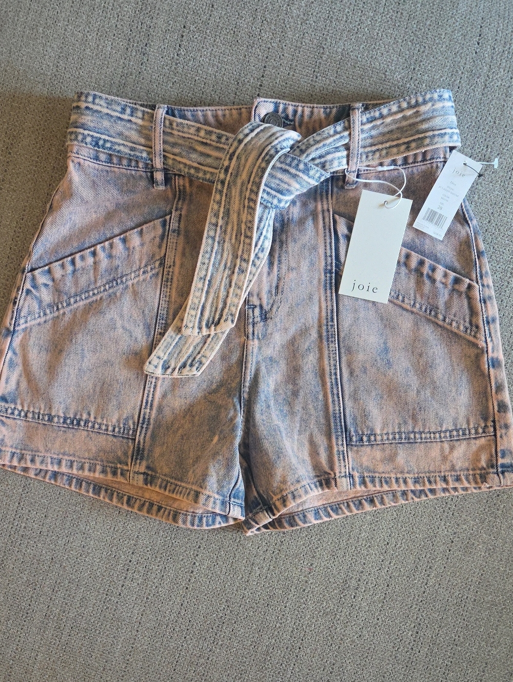 Joie Pink-Blue Acid Wash Denim Belted High-Waist Shorts